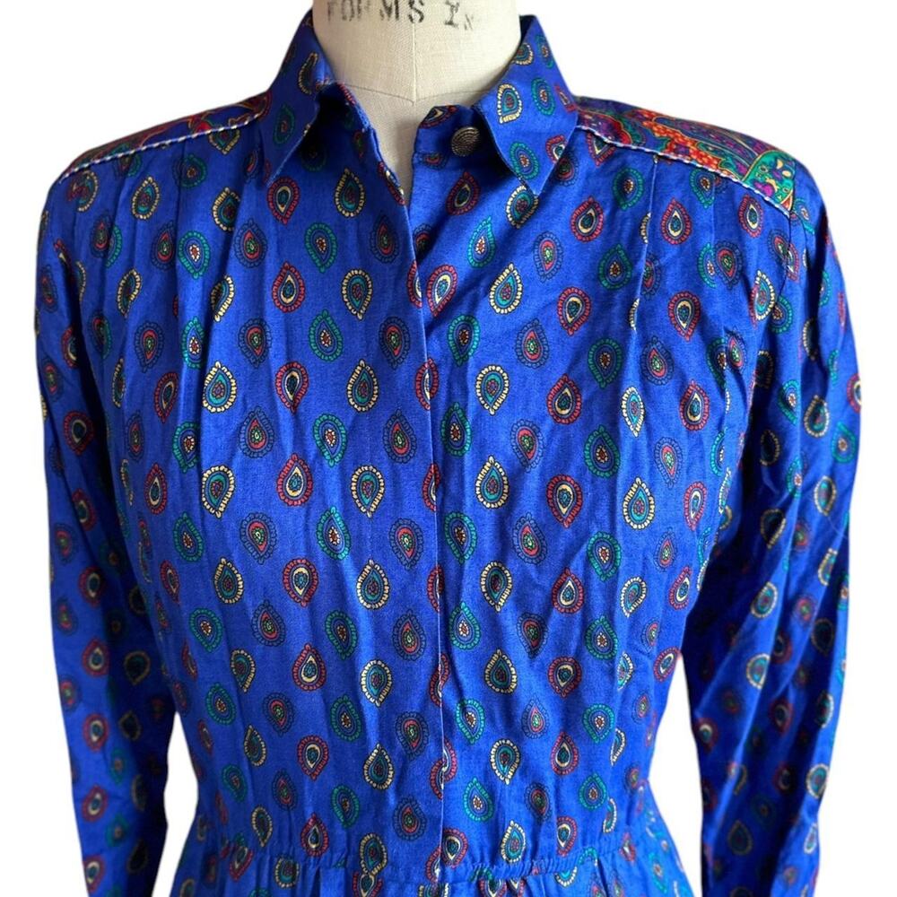 Vintage Dress Womens Size 8P Blue Paisley Collar Long Sleeve Retro Abstract - Picture 2 of 8